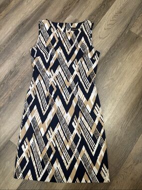 Sleeveless Navy, Tan & White Geometric Midi Dress
